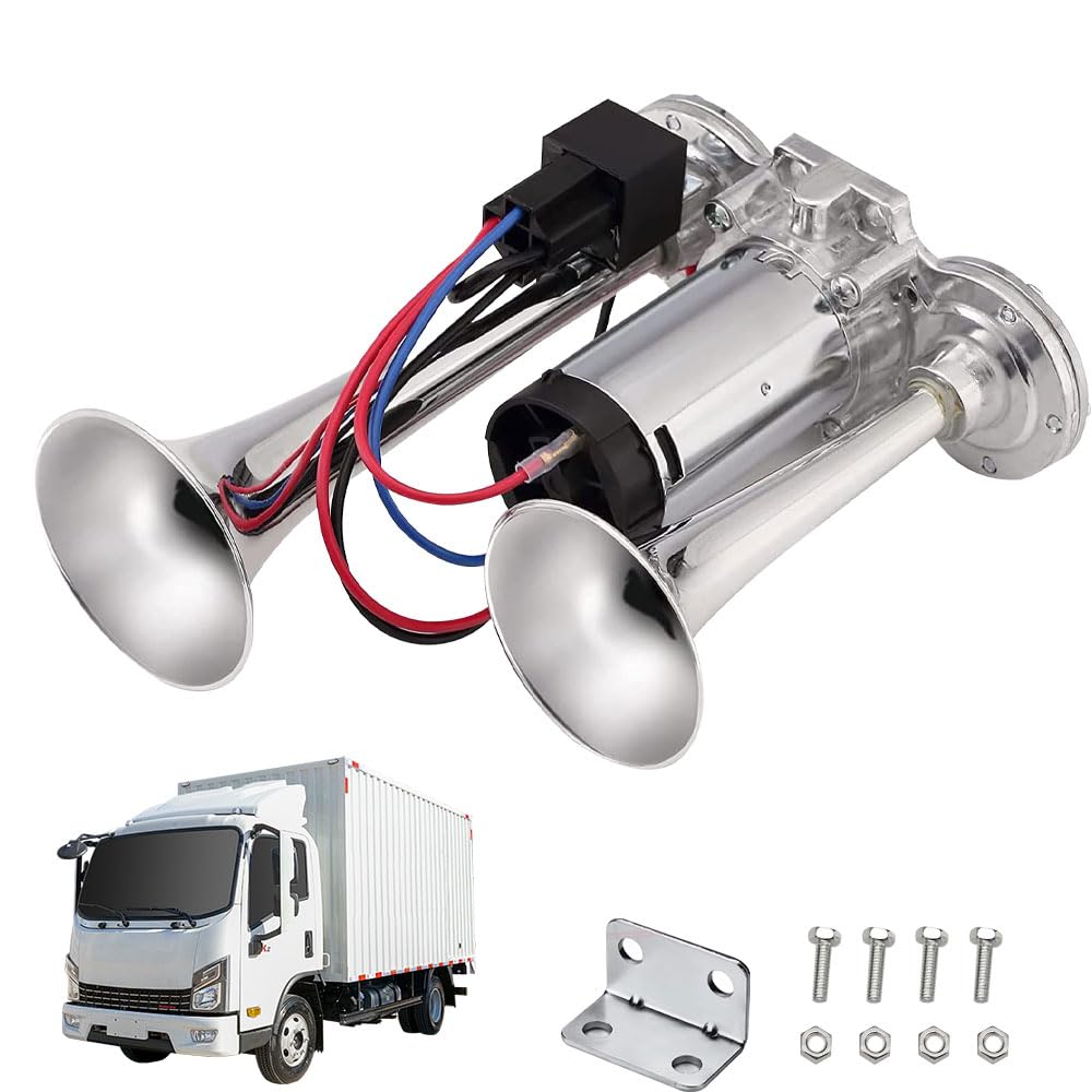 Air Horn 12V, 600DB Super Loud Car Horn, Double Tube Train Horn with Compressor, Airhorn for Truck, Train, Car, Van (Silver)