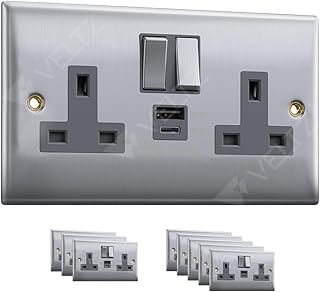USB C Socket | 20W PD USB C & 18W QC 4.0 USB A | Super Fast Charging | VELTZ Pro | Double Plug Wall Socket 13A 2 Gang | Brushed Steel