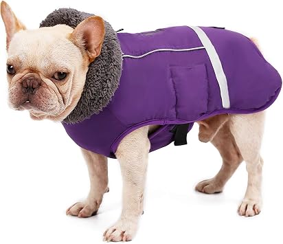 Waterproof Dog Coat Fleece Lining Reflective Dog Jacket with Fur Collar Purple 3XL
