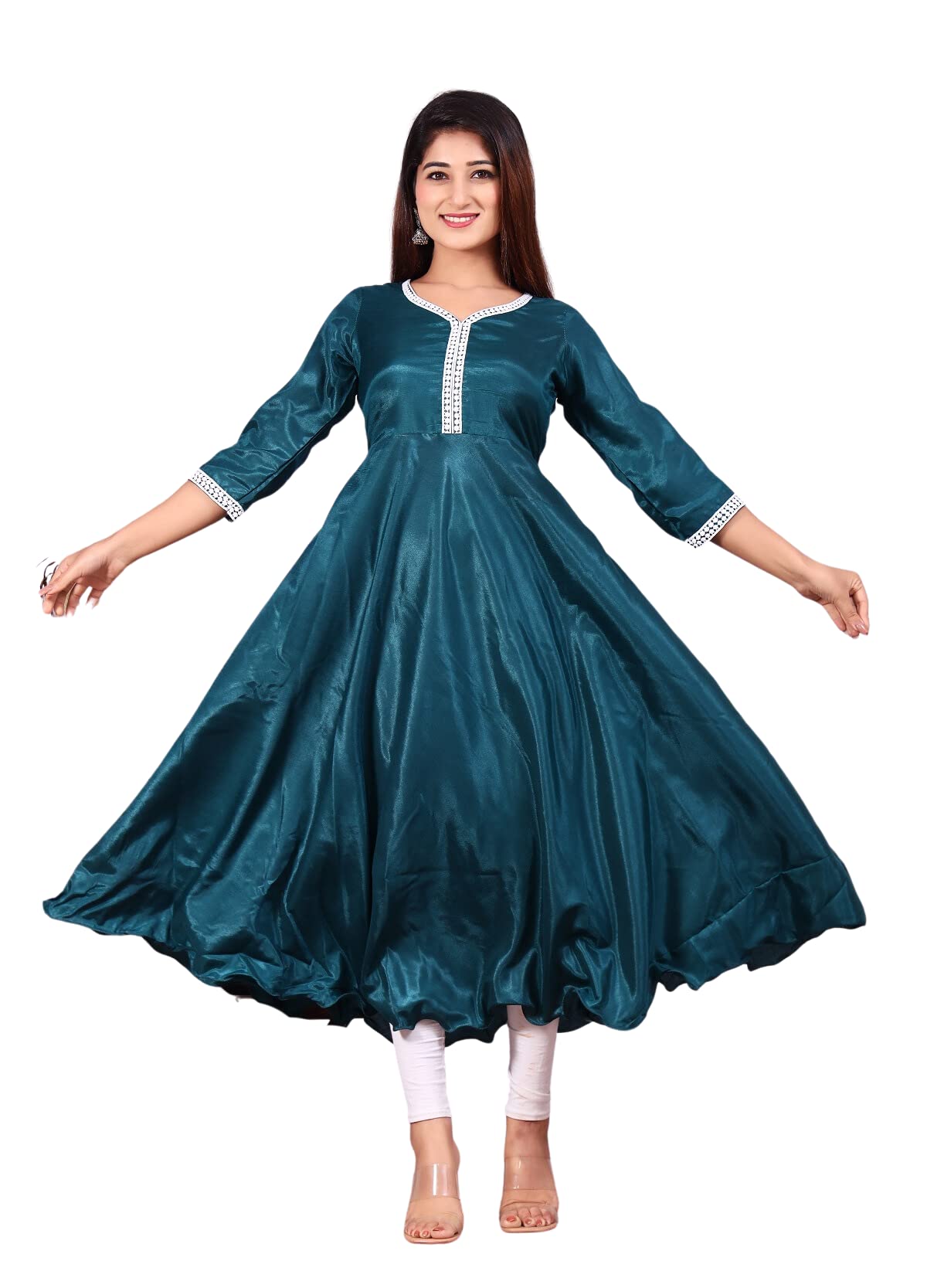 PIOUS LIBASWidget Chiffon V Neck 3/4 Sleeves Fashionable Solid Anarkali Gown for Women and Girls