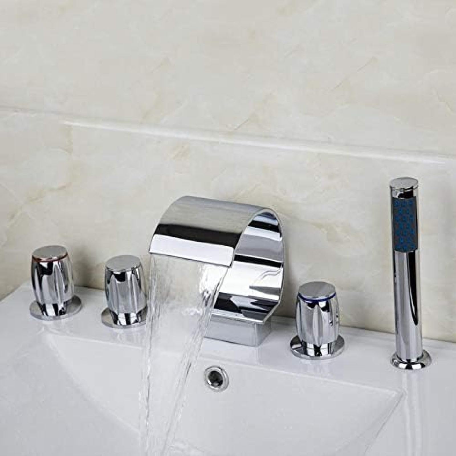 Sxithgkdw Faucet, Bathtub Mixer Chrome Bathtub Bathroom Faucet 5 Pcs Set Deck Mounted 3 Handles Taps Waterfall Faucets Mixers & Tap