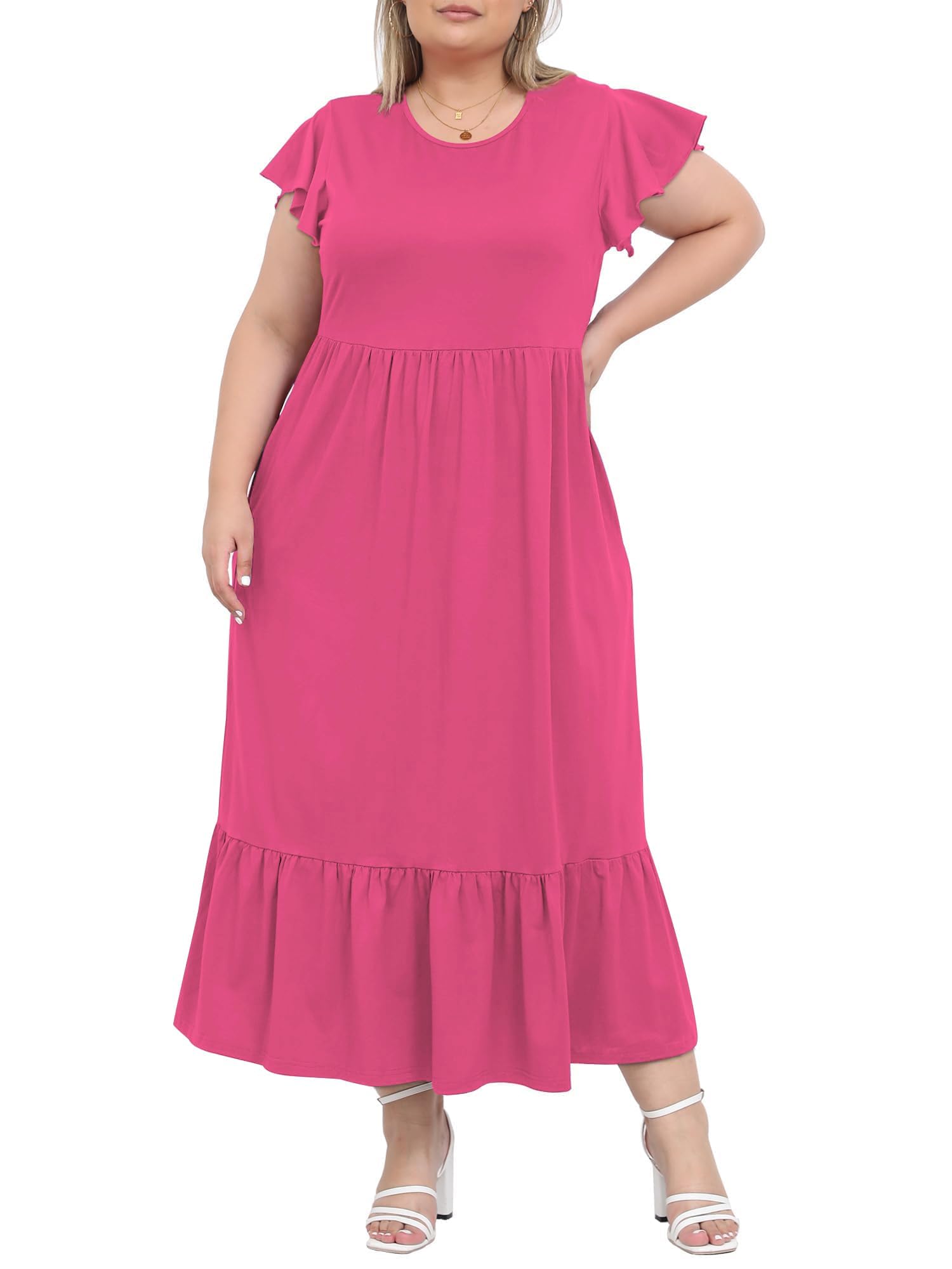 Moon Wood Damen Sommerkleid Kurzarm Rundhals Kleider Elegant Maxikleid Locker Strandkleid mit Taschen Große Größen