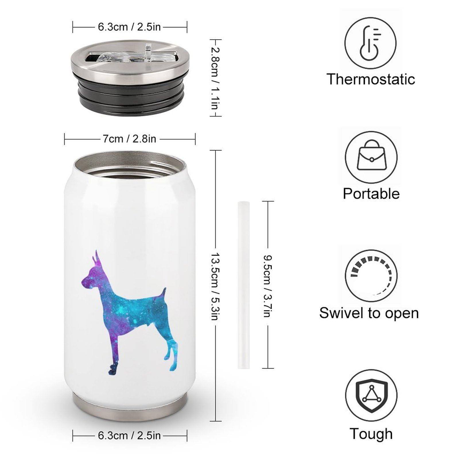 Pet Dog Cups,Doberman Cup Stainless Steel Travel Tumbler with Lid And Straw, Travel Drinking Botter Water Glasses Keeps Drinks Cold & Hot,300ml