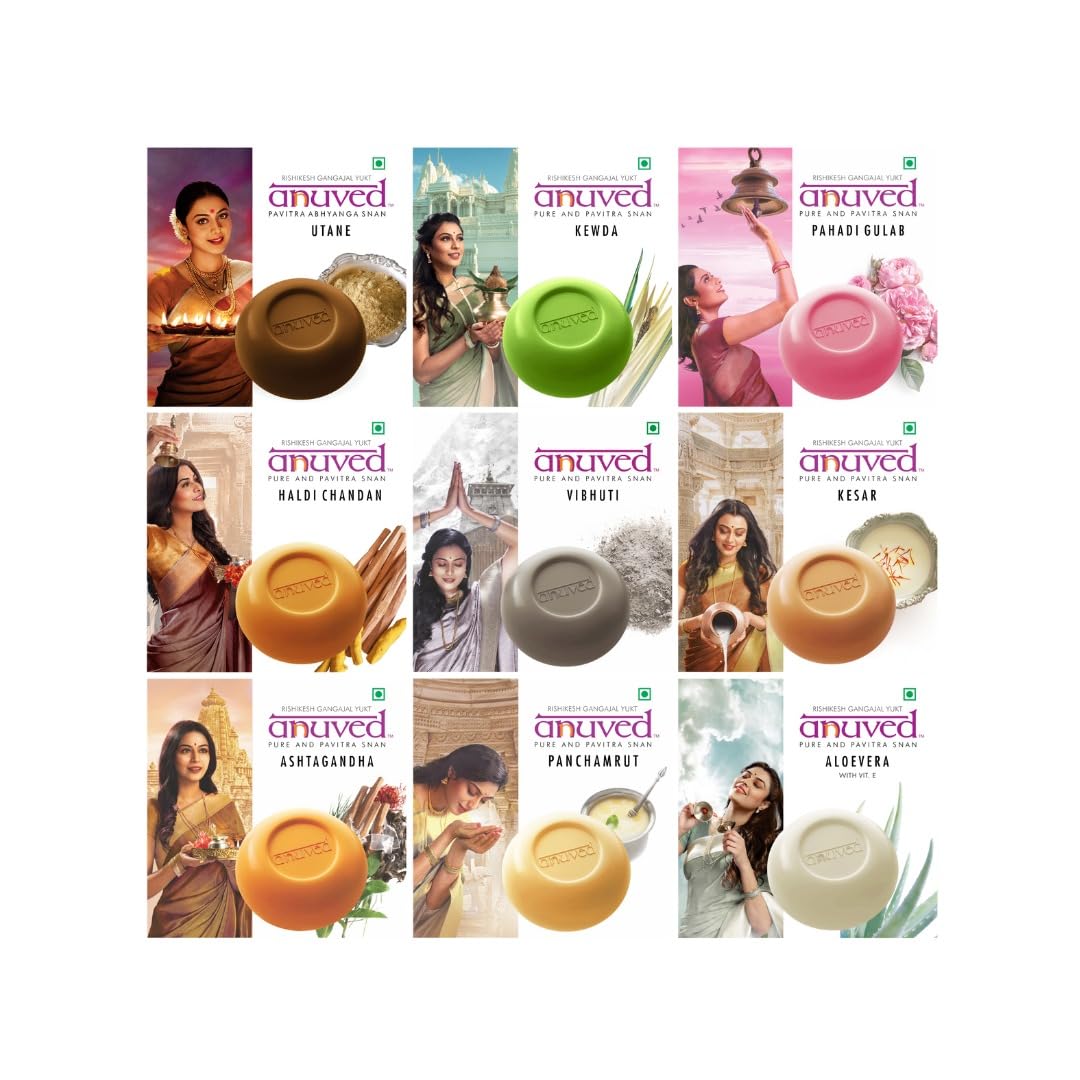 Anuved Family Combo (Pack of 9) Herbal Soaps 125g each Chandanam, Kewda, Utane, Kesar, Panchamrut, Ashtagandha, Aloe Vera, Haldi Chandan & Pahadi Gulab with Sacred Indian Herbs,Enriched with Gangajal