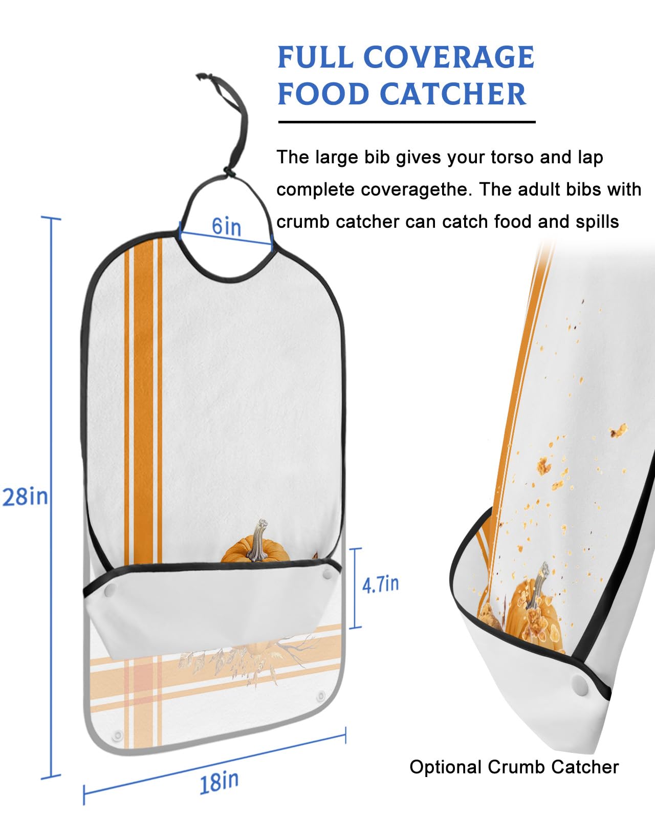 Orange Pumpkins Fall Adult Bibs for Eating, Waterproof Bibs with Food Catcher & Adjustable Snap Closure, Thanksgiving Maple Leaf Orange Striped Clothing Protectors Adult Bibs for Elderly Women/Men