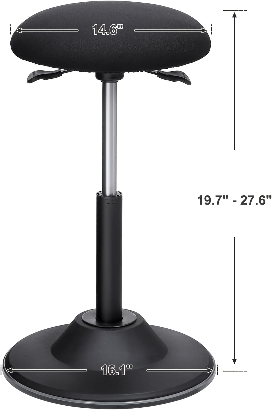 Diagram showing the dimensions of the SONGMICS Office Stool Chair, including seat diameter, base diameter, and adjustable height range.