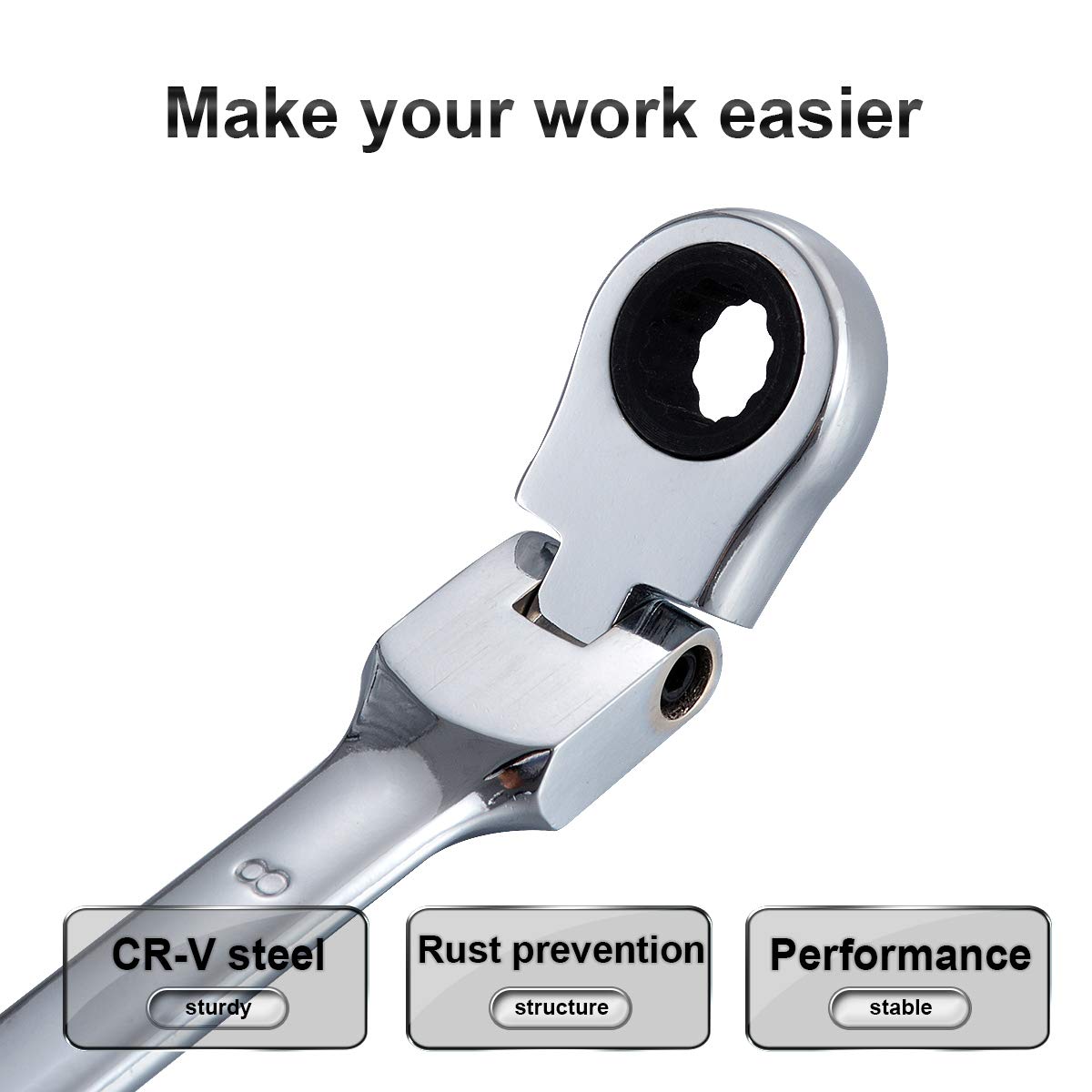 KATUR Chiave combinata a cricchetto 8 mm, chiave a cricchetto con testa flessibile, design industriale a doppio uso, utensile metrico professionale in acciaio al cromo vanadio