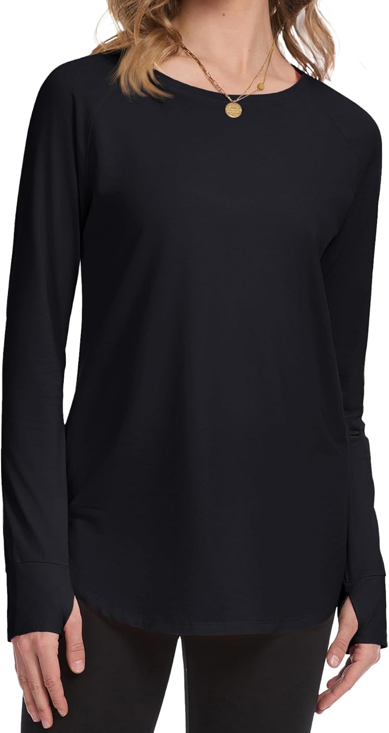 YUCOLEN Womens Tunic Tops to Wear with Leggings Long Sleeve Thumb Hole Shirts Basic Loose Tees with Crew Neck Curved Hem