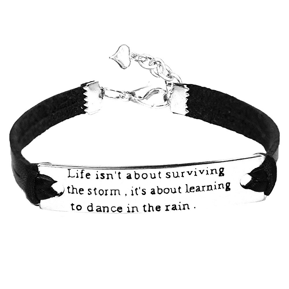 TISDA"Life isn't about surviving the storm, it's about learning to dance in the rain Inspirational Bracelet,Black Leather/Metal Bracelet