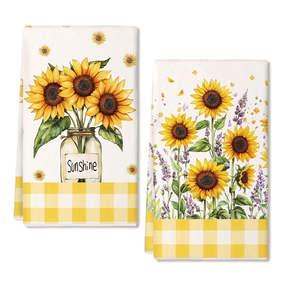 ARKENY Buffalo Plaid Sunflower Summer Kitchen Towels Dish Towels Set of 2,Yellow Sunshine Lavender Hand Towels 18x26 Inch,Farmhouse Home Seasonal