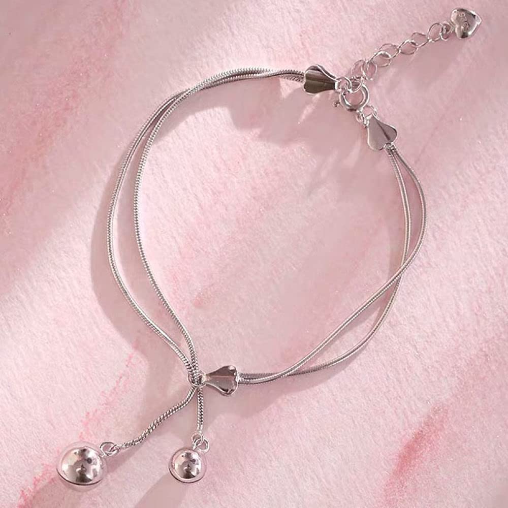 Braccialetti a catena con polsino in argento sterling moda, Bracciale in argento sterling 925 da donna Bracciale a doppia catena con campane vintage Bracciale regolabile da donna Gioielli in argento s