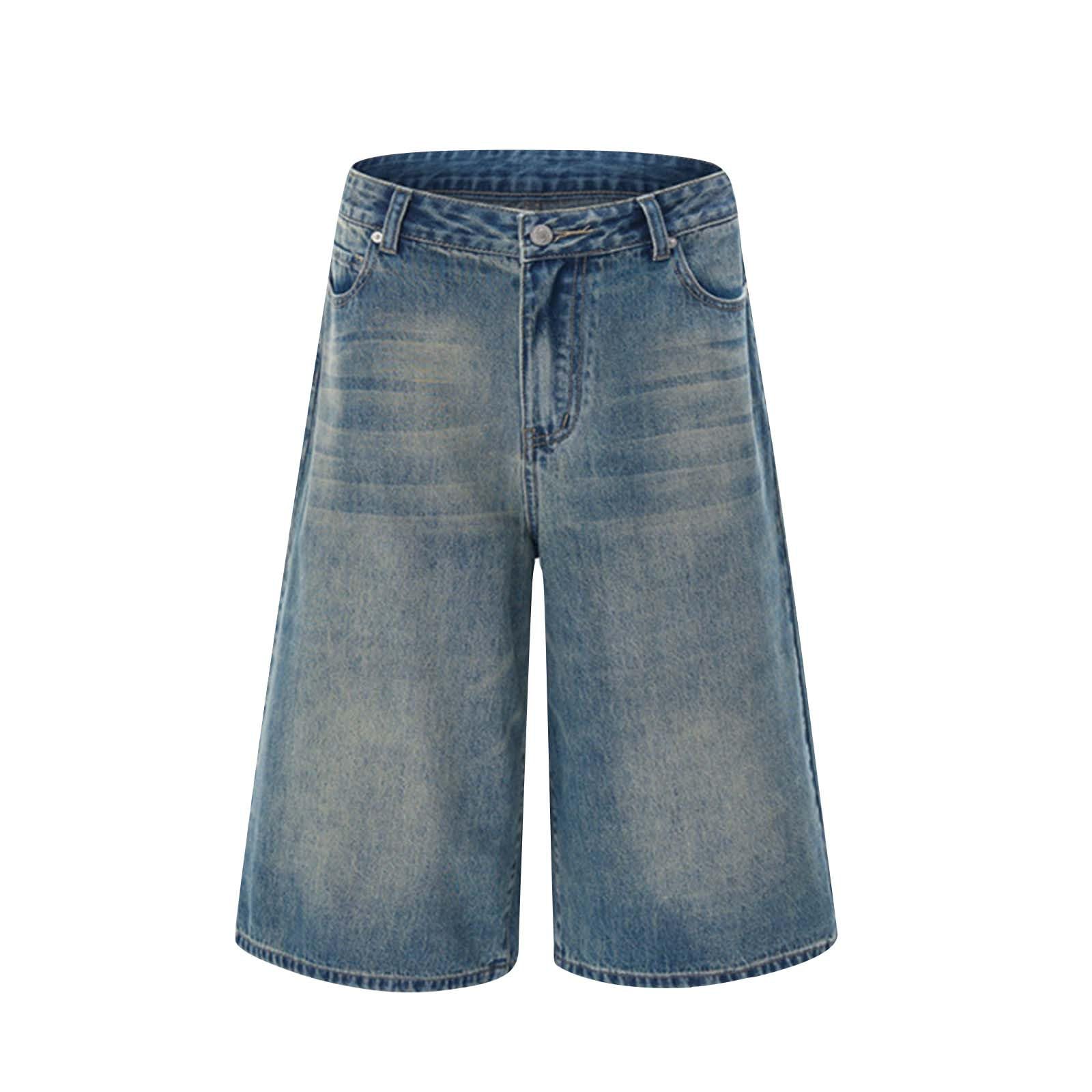 Cambkatl Knee Lenght Jean Shorts for Men Stylish Straight Wide Leg Summer Versatile Washed Casual Denim Shorts with Pockets
