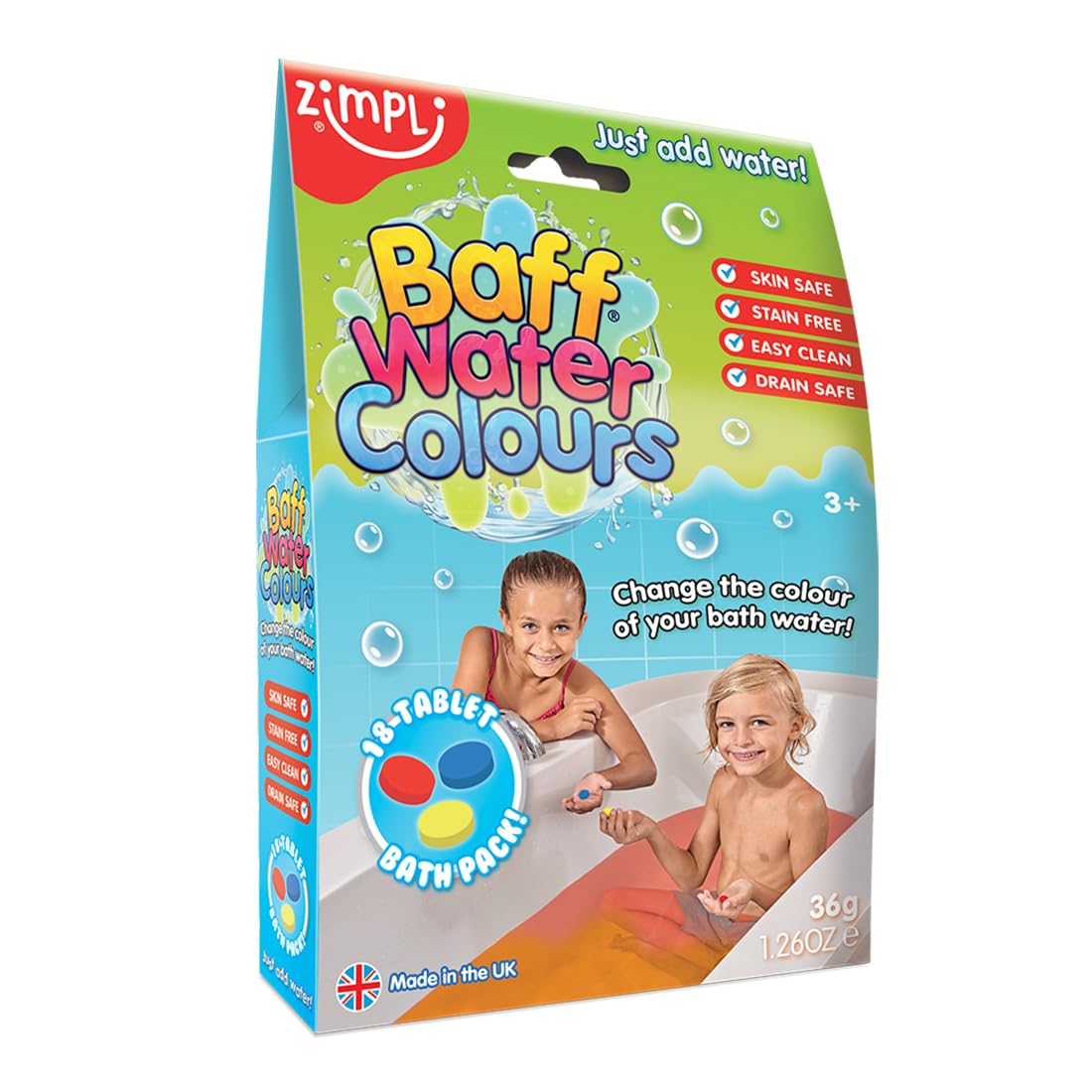 ZIMPLI - 18 Use Baff Water Colours, Bathing Drops, Children's Development Mind Bath Toys, Unusual Unique Gifts for Boys & Girls