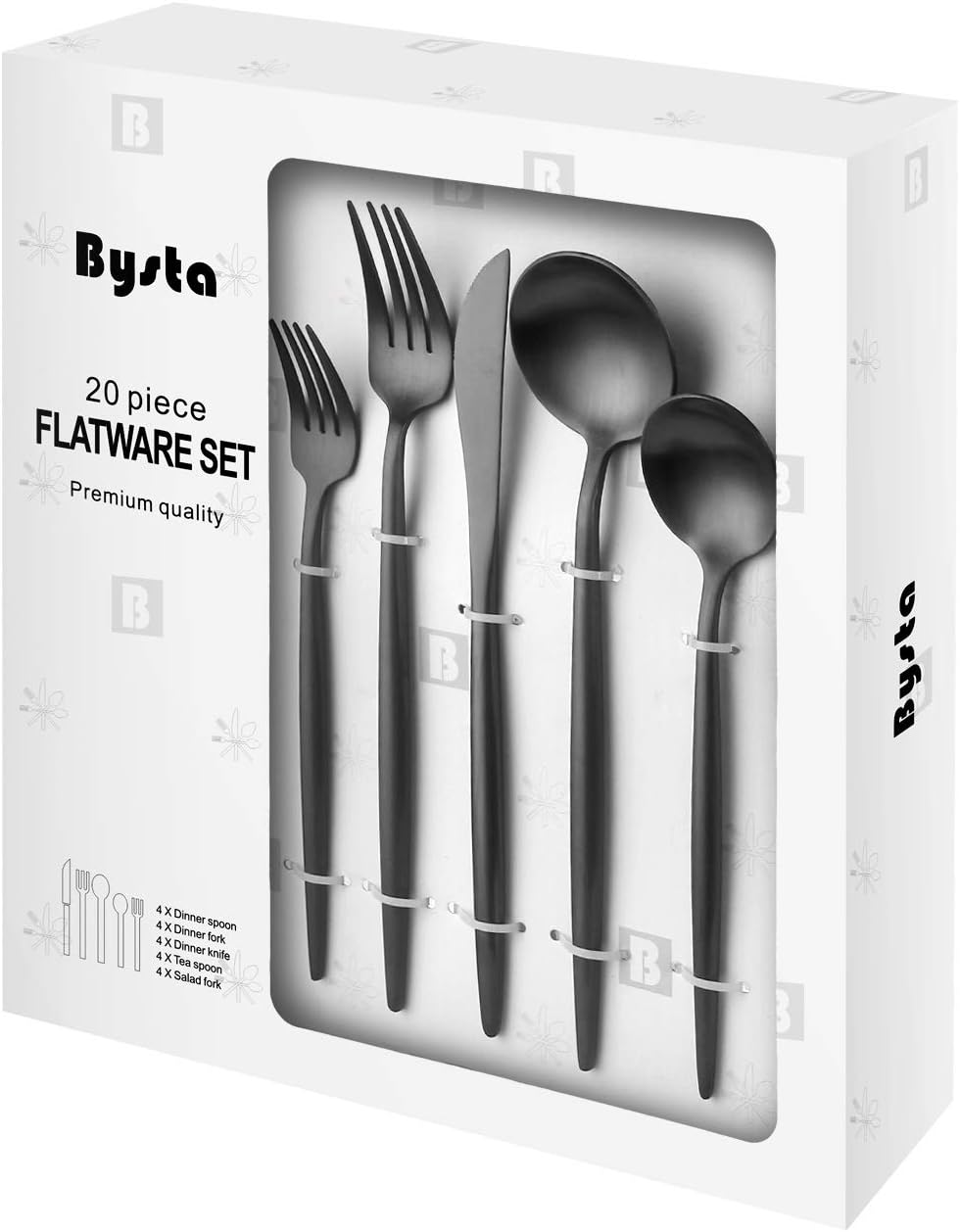 Matte Black Silverware Set, Bysta 20-Piece Stainless Steel Flatware Set Cutlery Set Service For 4, Satin Finish, Dishwasher Safe, Nice Gift Box