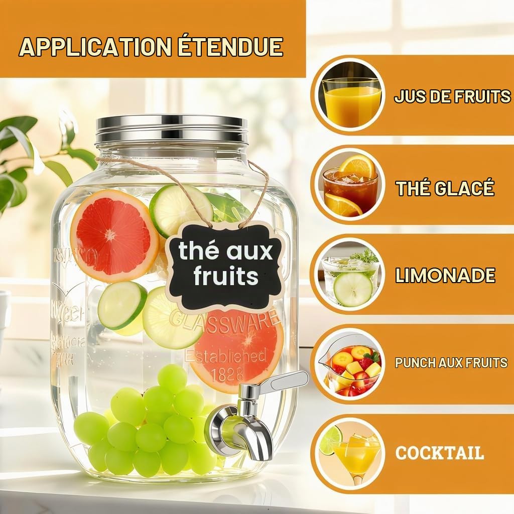 Lot de 2 distributeurs de boissons en verre de 4 L avec support, distributeur de boissons, distributeur de jus d'eau en verre avec robinet pour jus glacés, eau, boissons faites maison, fêtes