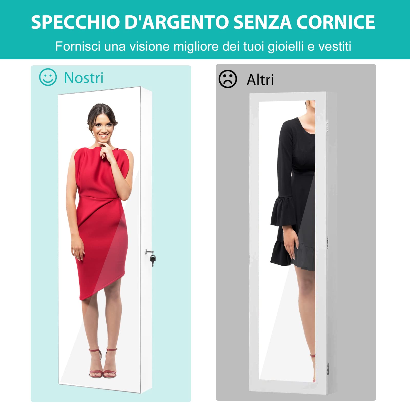 COSTWAY Armadietto per Gioielli con Specchio a Figura Intera LED, Armadio Multiuso con 4 Cassetti 4 Mensole, Organizer Portagioie per Camera da Letto e Cabina Armadio (Bianco)