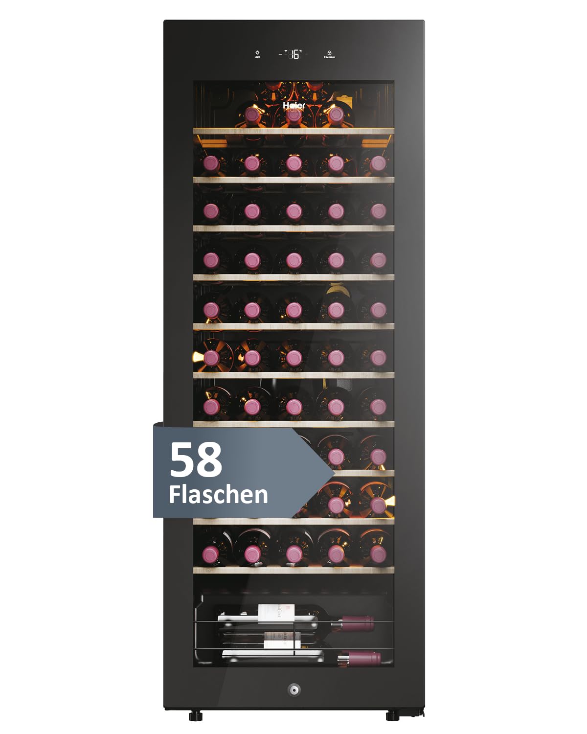 Haier Weinklimaschrank 50 SERIE 3 HWS58GGH1 I Weinkühlschrank für 58 Flaschen I Moderner Wine Fridge mit UV-Glastür & 10 Holzregalen I Wine Cooler mit Wi-Fi & Touch-Display