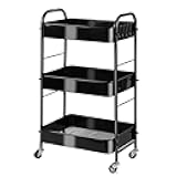 3-Tier Rolling Utility Cart with Stopper Caster Wheels and 4 Hooks, Easy Assembly, for Kitchen, Bathroom, Living Room, Office (Black)
