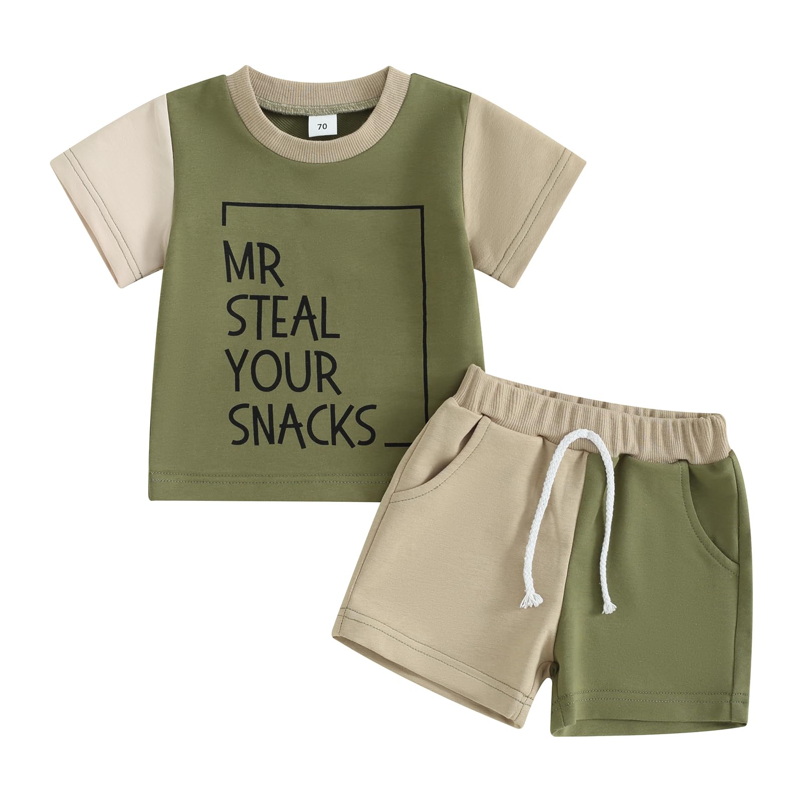 Toddler Boy Summer Clothes Letters Color Block Short Sleeve T-Shirt Casual Rolled Shorts Set Boys Summer Outfits(B-Green,2-3T)