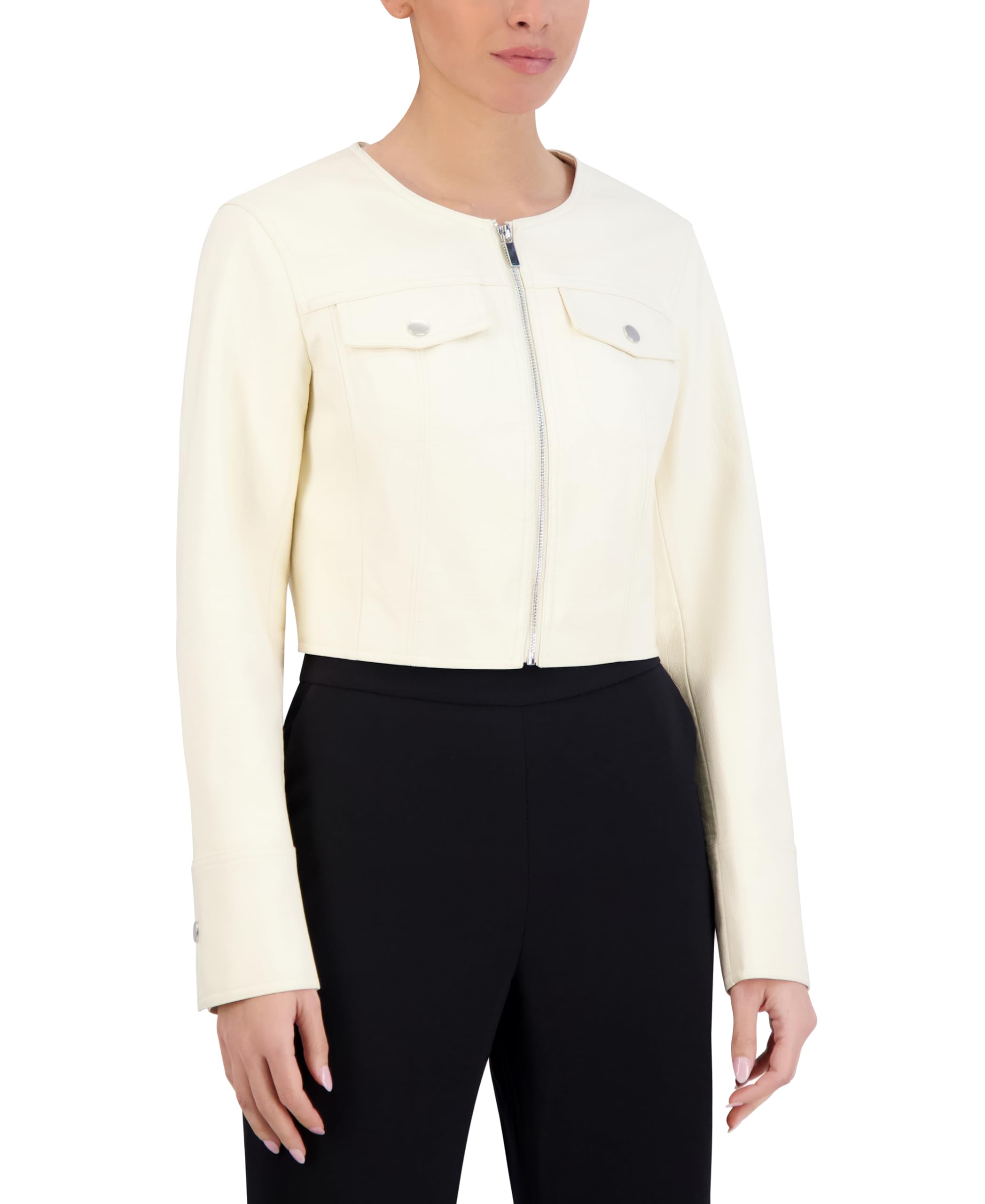 womens Long Sleeve Round Neck Faux Leather Cropped Jacket
