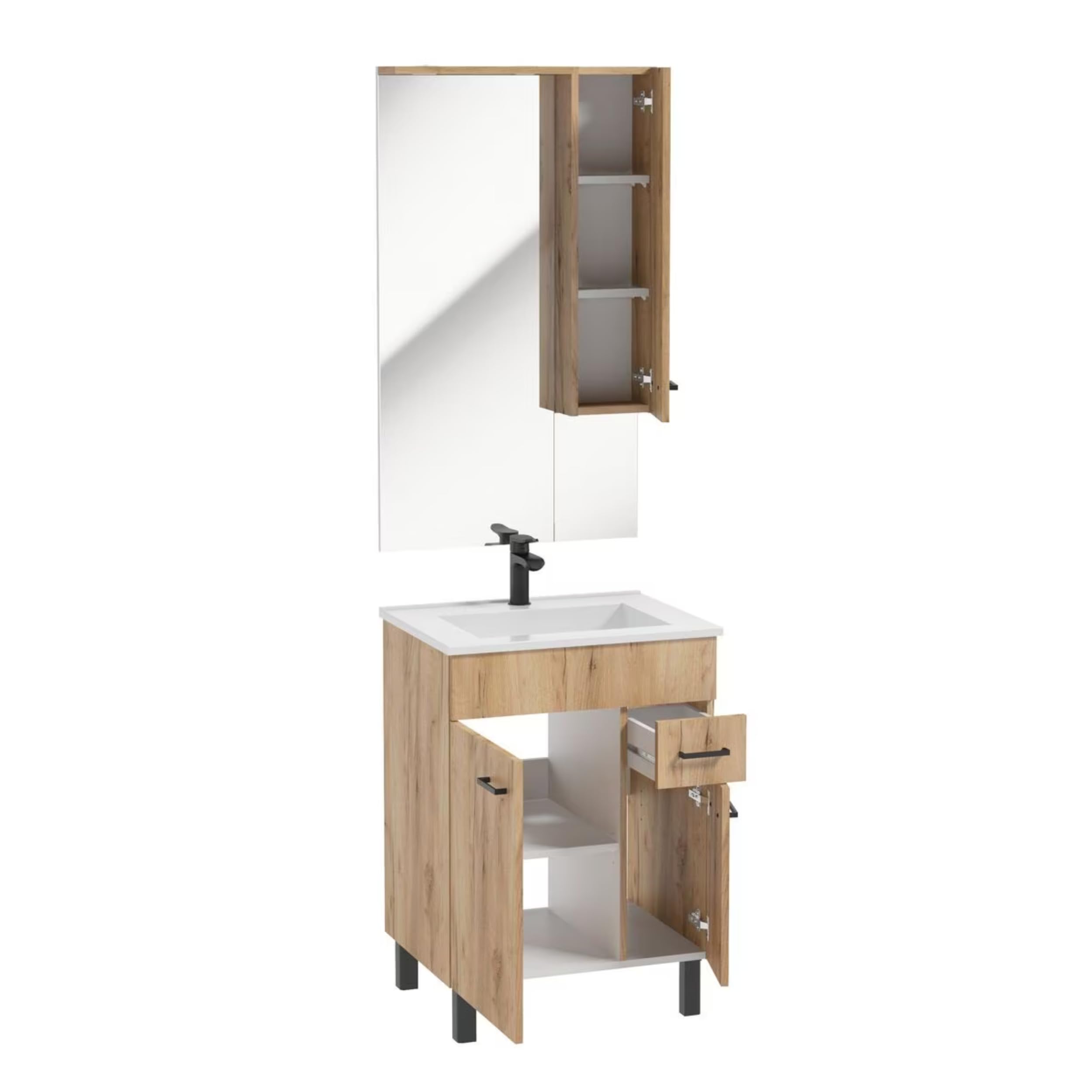 Meuble Salle De Bain Avec Lavabo Et Miroir - 104 Cm - Craft Oak Gold - 85x60x40 Cm - Céramique