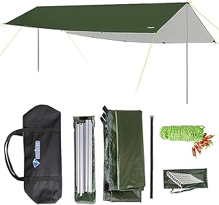 Tenda de lona impermeável com toldo de 3x6m e mastro dobrável. Cobertura de sol de praia ultraleve para camping, caminhada e abrigo de sobrevivência Abrigo de Sobrevivência,Tenda Tarp com Pólo,Abrigo de lona,Tarp Grande,Tenda de lona impermeável com toldo Green