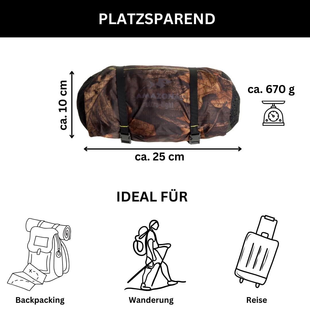AMAZONAS Ultra-Light Traveller Tarp Forest 650 g, Dimensioni Confezione 25 x 10 cm, Protezione dalle intemperie, Effetto Mimetico