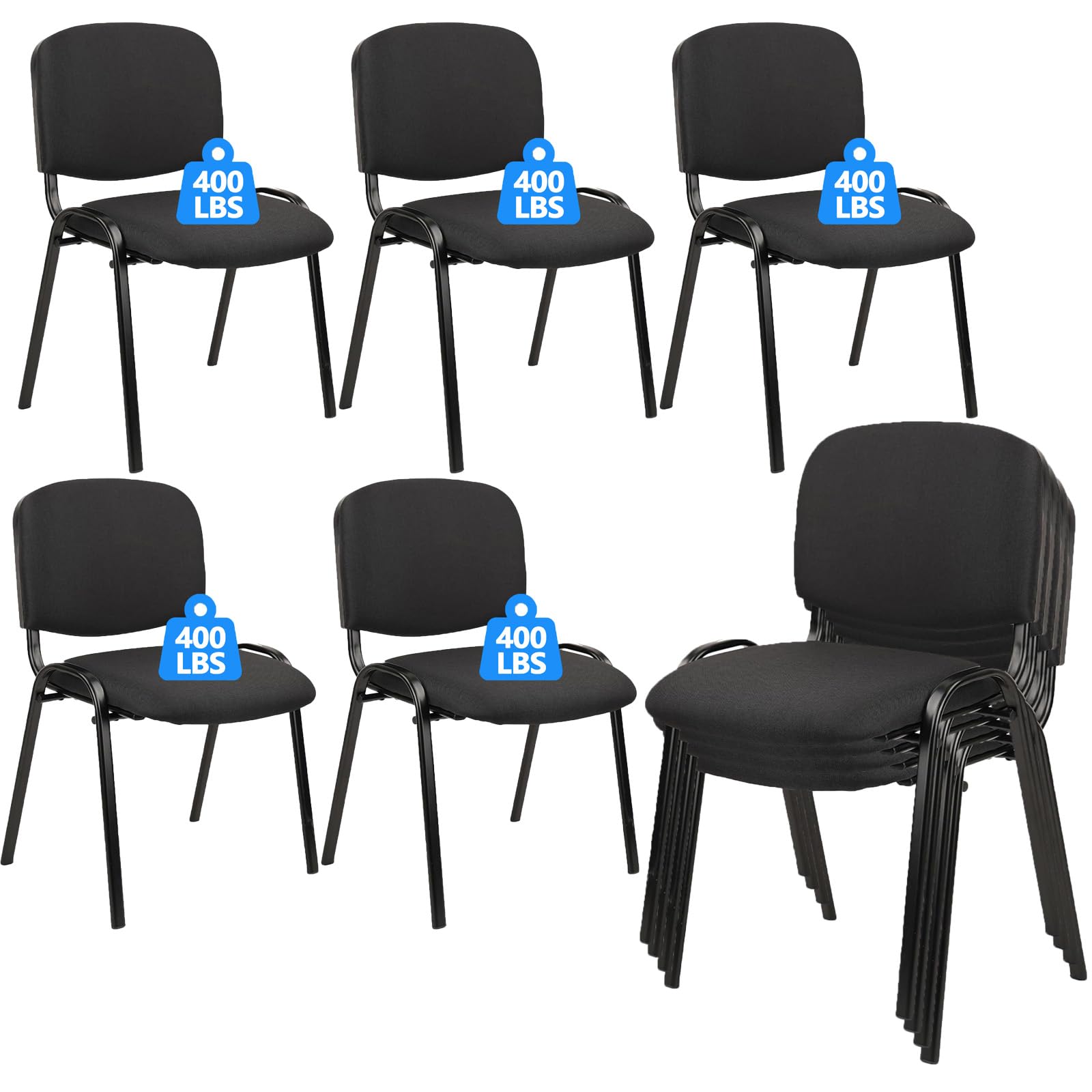 CLATINA Stackable Waiting Room Chairs, Cloth Fabric Guest Reception Chair with Upholstered Thickene Seat and Back Support, Stacking Chair Metal Leg for Office School Church Conference, Black, 10 Pack