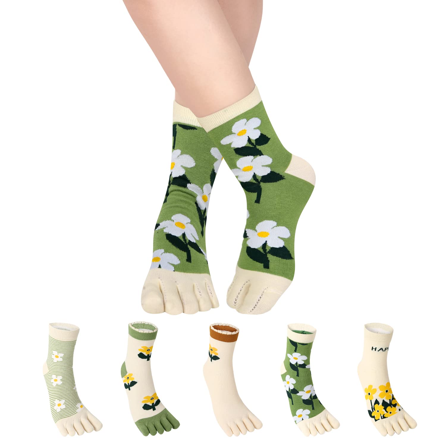 Benefeet Sox Toe Socks Women Size 6-9 Five Finger Socks for Girls Colorful Floral Patterned Crew Socks Athletic Running Toe Seperated Cotton Crew Socks Holiday Toe Socks 5 Pack, Sunflowers