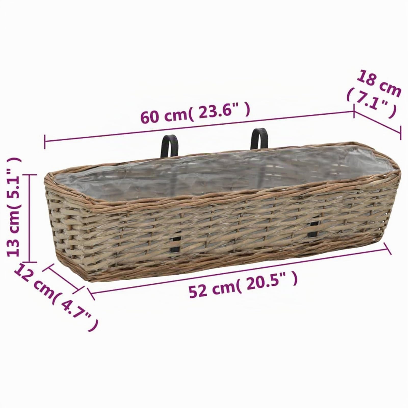Jardinières Balcon 2 pcs Jardinière Suspendue en rotin Pot de Fleurs Aspect rotin Jardinieres Exterieur Bac Jardiniere Bac à Fleurs Extérieur Osier avec Doublure de PE-60 x 18 x 13 cm
