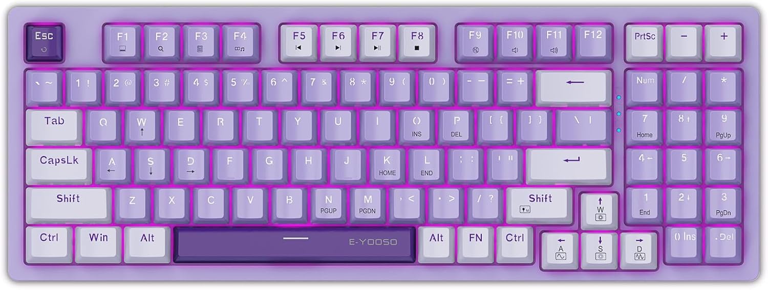 HUO JI Mechanical Gaming Keyboard Compact with Number Pad, Purple Led Backlit, Red