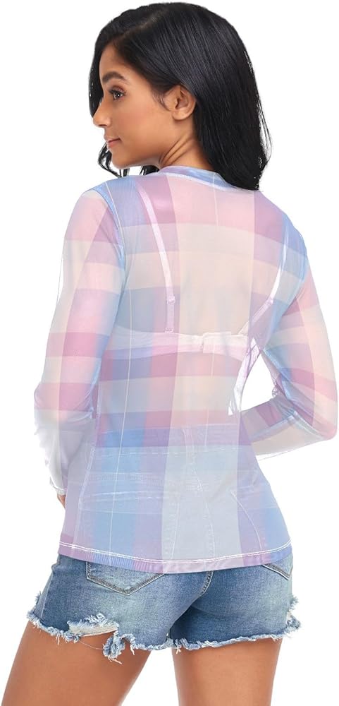 YMGQYJ Blue White Plaid Women's Sheer Mesh Top See Through Shirt