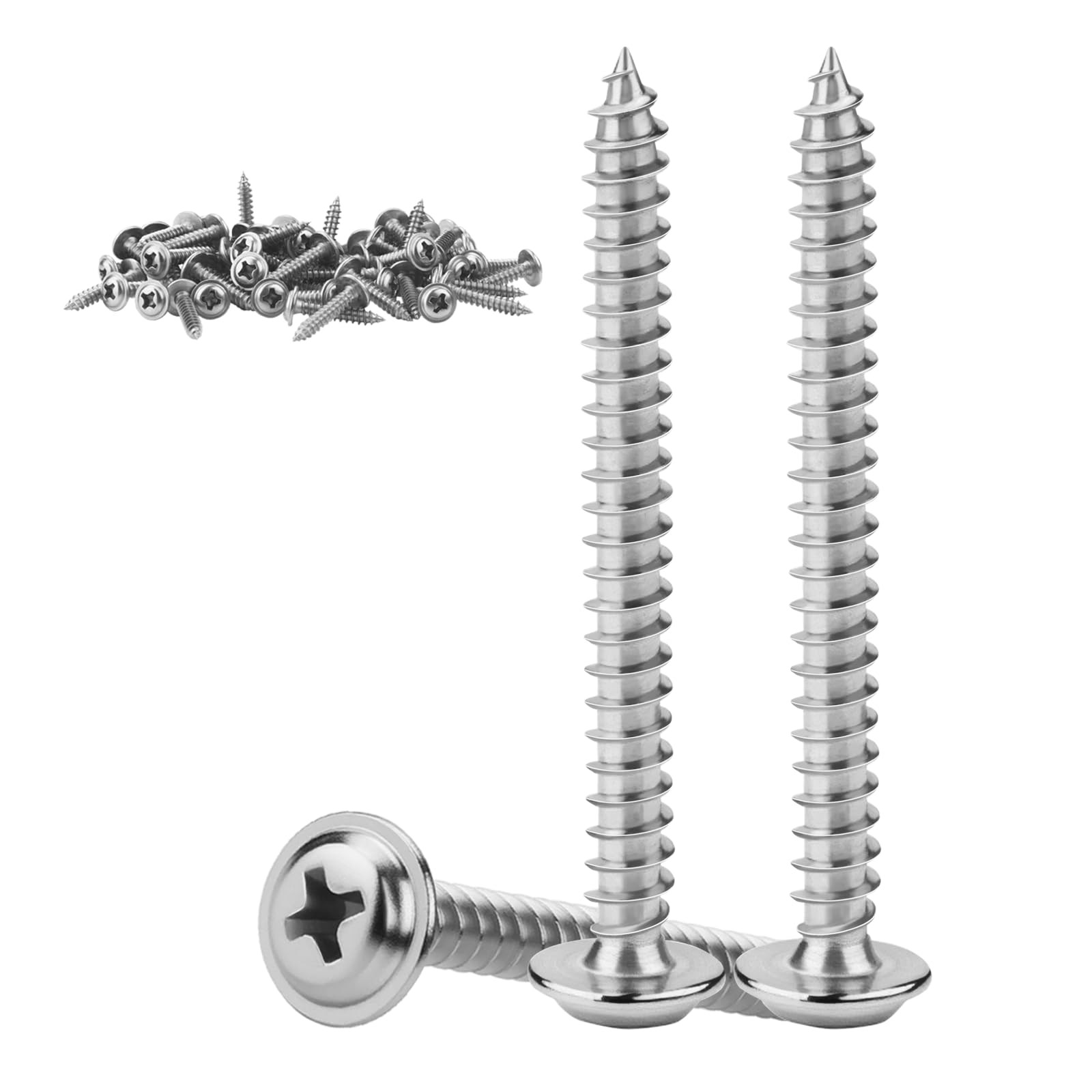 KGGZKG 60 Pcs Pan Head Screws M4x40x8.5mm Phillips Wafer Head 304 Stainless Steel Wood Screws Self Tapping Screws Multi Purpose Round Dome Head with Washer for Construction Hardware Silver