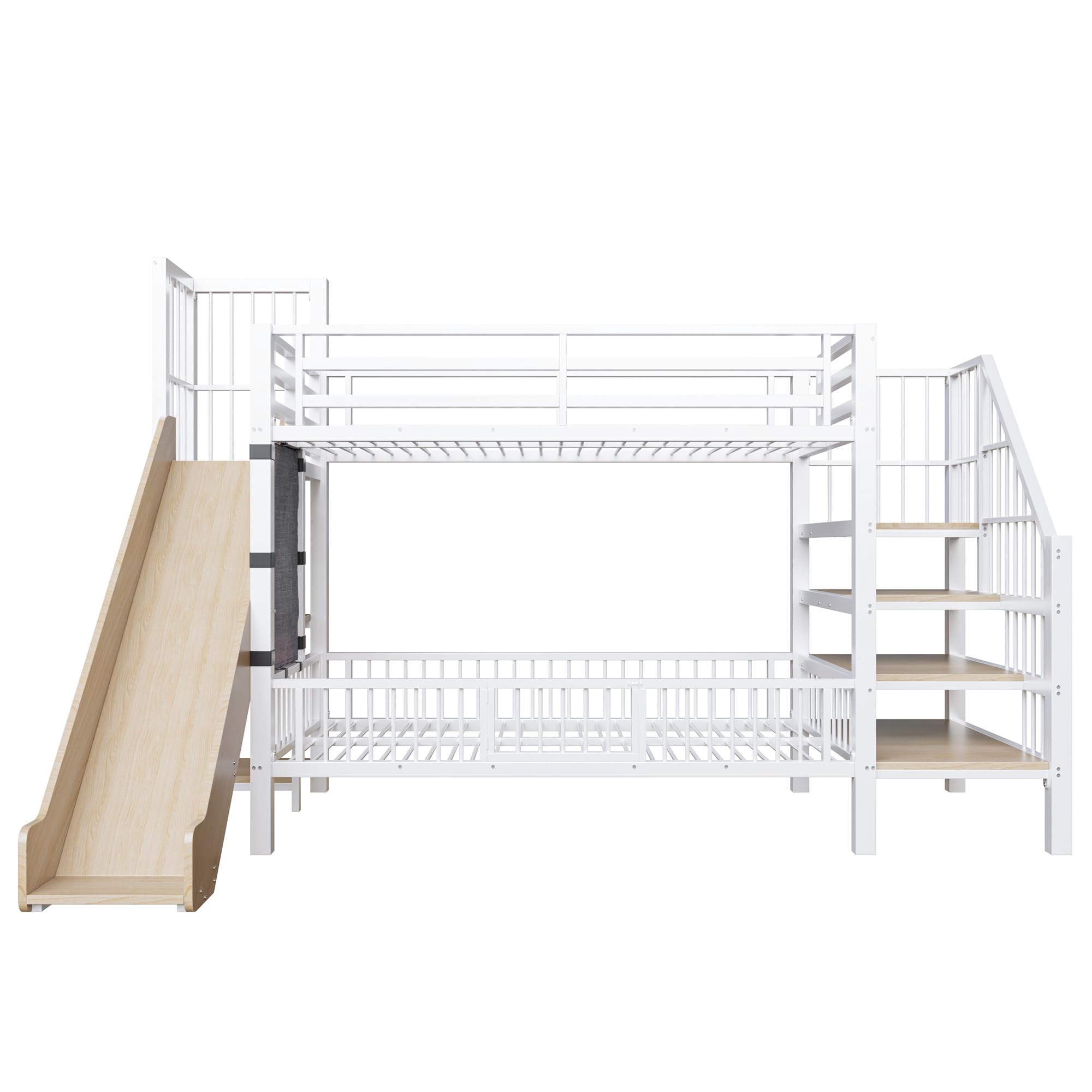 Łóżko na poddaszu 90 x 200 cm białe metalowe i wielofunkcyjne mdf ze zjeżdżalnią i drabiną z szufladami na solidnym łóżku z półkami na poddaszu