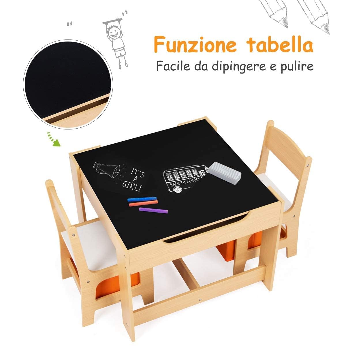 RELAX4LIFE Tavolino Bambini con Sedie, Tavolino Legno 3 in 1, Tavolo per Bambini con Piano Reversibile (Lavagna/Bianco) e 2 Sedie con Cassetti (62 x 62 x 48,5 cm, Naturale)