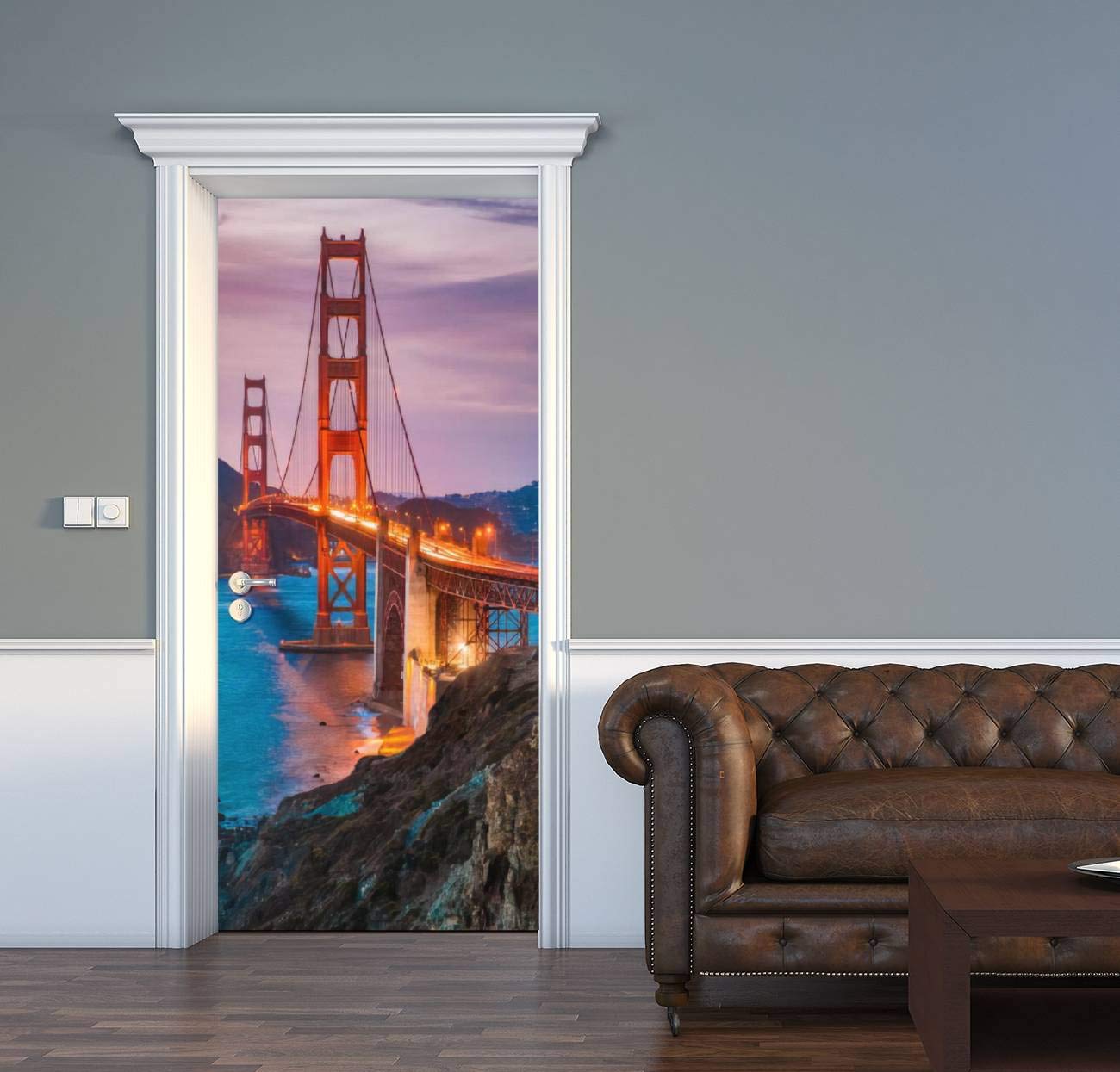 AceChic Door Decal Golden gate Bridge at Twilight san Francisco California Reflection 3D Door Sticker Removable Self Adhesive Vintage Wall Decal Mural Wallpaper for Home Decor 30.3" W x 78.7" H