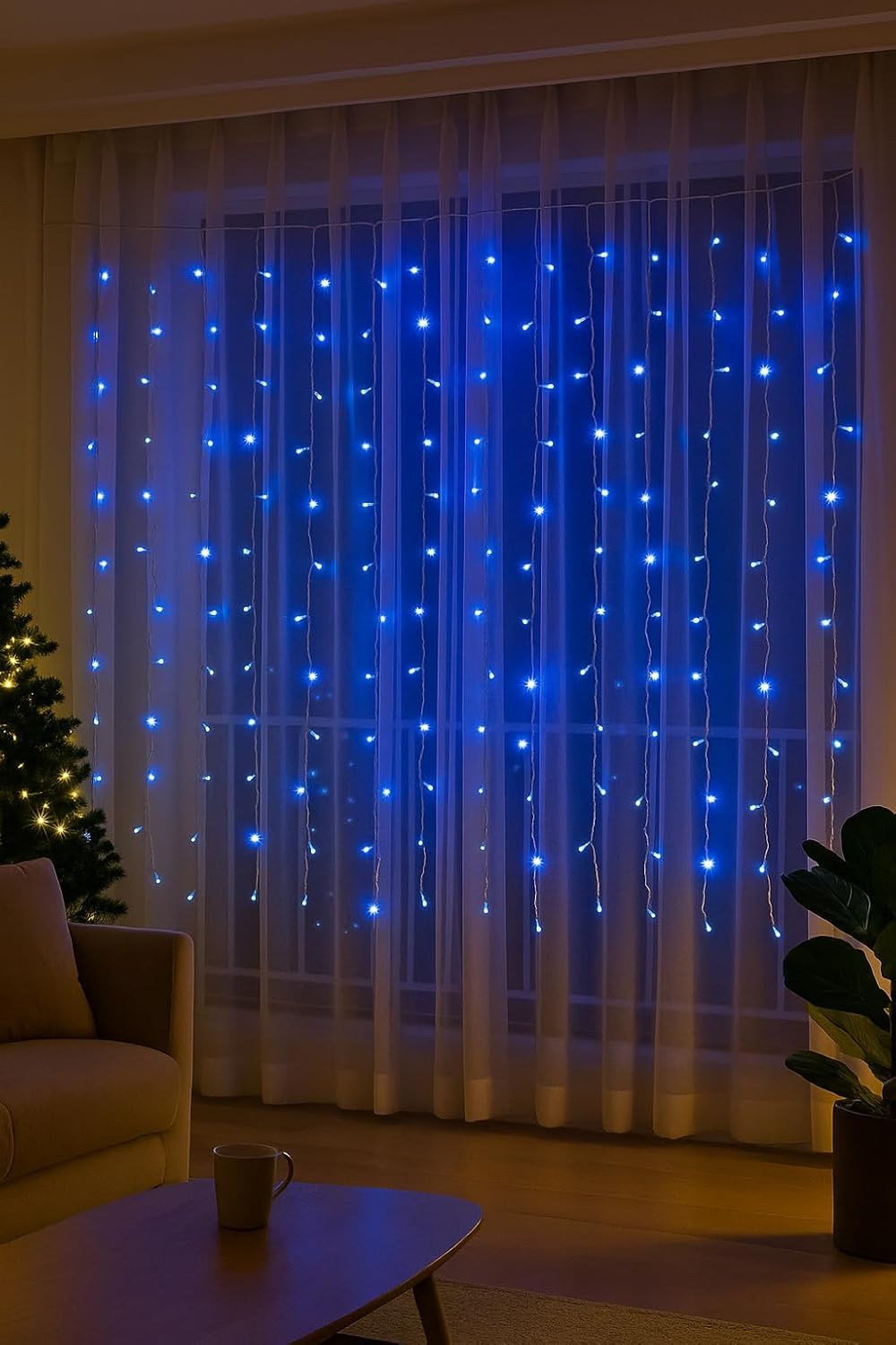 Elektronova Tenda Luminosa 200 LED, 5Mt, Luce Blu, Cavo Bianco, IP65, Prolungabile, Effetto Flash, Con fili pendenti a lunghezze alternate (30–70–40–60 cm) per effetto a cascata