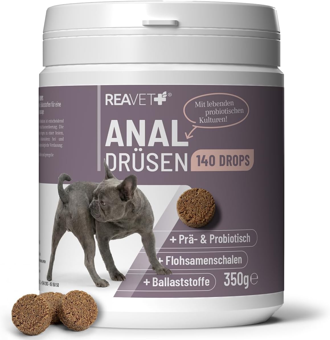 ReaVET Analdr sen Unterst tzung Hund 350g 140 Drops   Bei Po-Rutschen & vollen Analdr sen   Flohsamenschalen Ballaststoffe & lebende Kulturen   F r Feste Kotkonsistenz   Getreidefrei
