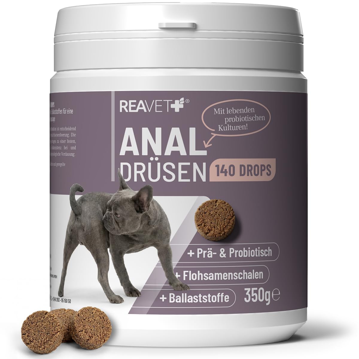 ReaVET Analdrüsen Unterstützung Hund 350g (140 Drops) – Bei Po-Rutschen & vollen Analdrüsen – Flohsamenschalen, Ballaststoffe & lebende Kulturen – Für Feste Kotkonsistenz – Getreidefrei