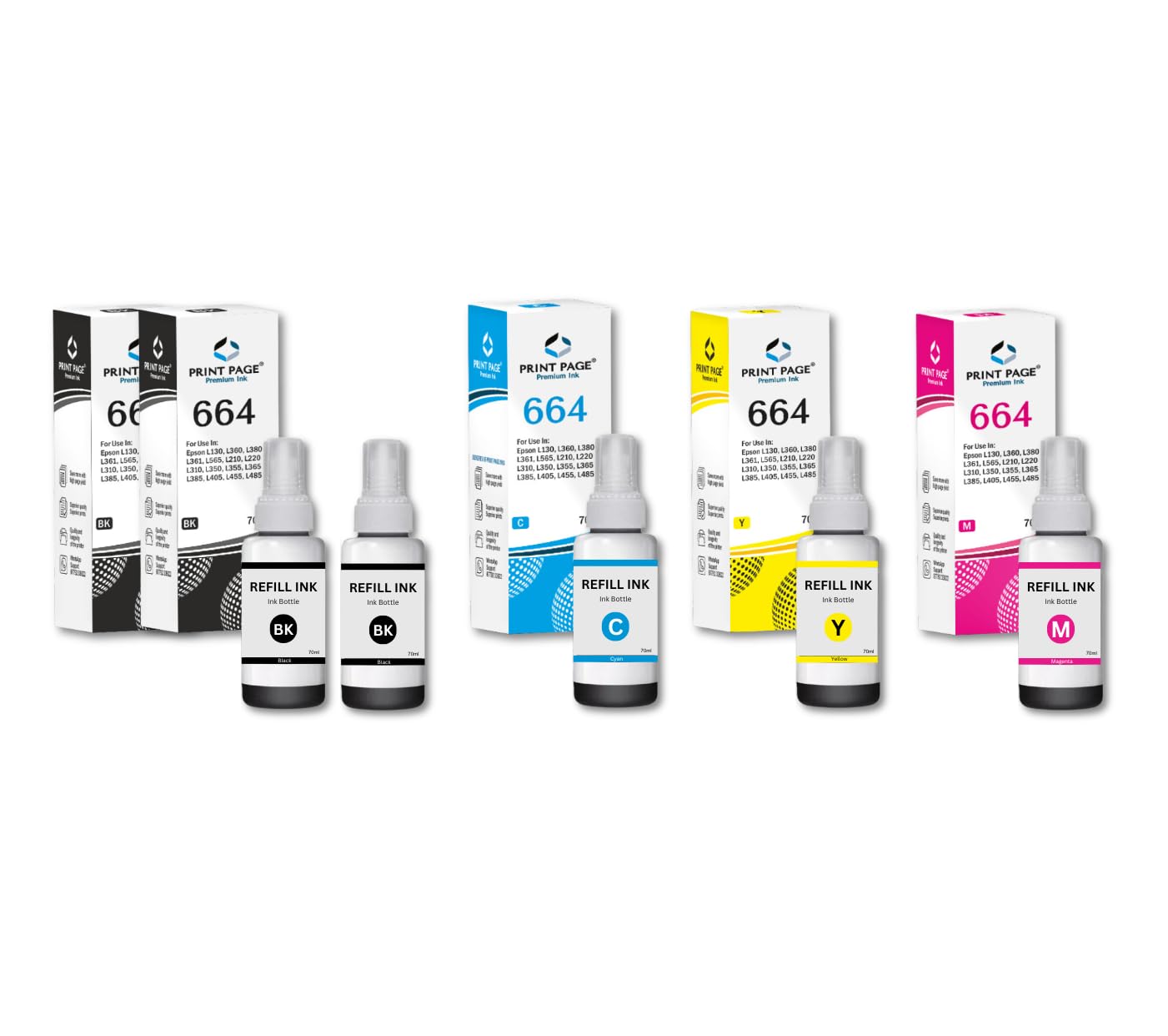 T664 Premium Refill Ink Compatible for Printers L1300, L310, L361, L380, L405, L565, L365, L485, L220, L360, L130 (C/Y/M + 2 Black) (70ml Each)