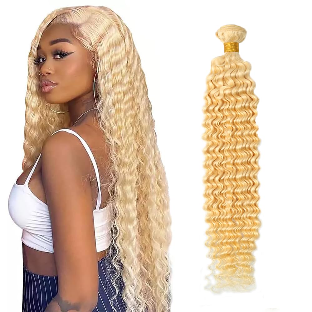Zeslaerr Human Hair Bundles #613 Bleach Blonde Color 34 Inch Deep Wave Knotless Double Weft Weave Natural Color Human Hair Extension For Woman Single Bundle 100g