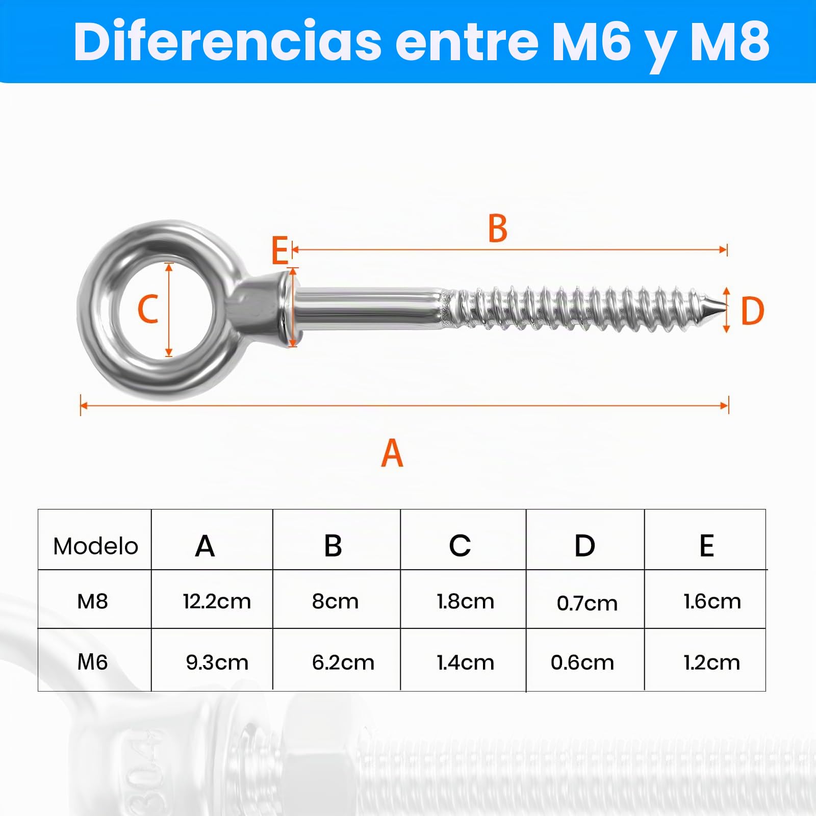 12 uds. pernos de ojo | perno de ojo M8 x 80 mm | perno de ojo de acero inoxidable 304 | perno de ojo M8 | pernos de ojo | Gancho de tornillo M8 con tuerca de anillo puntiaguda