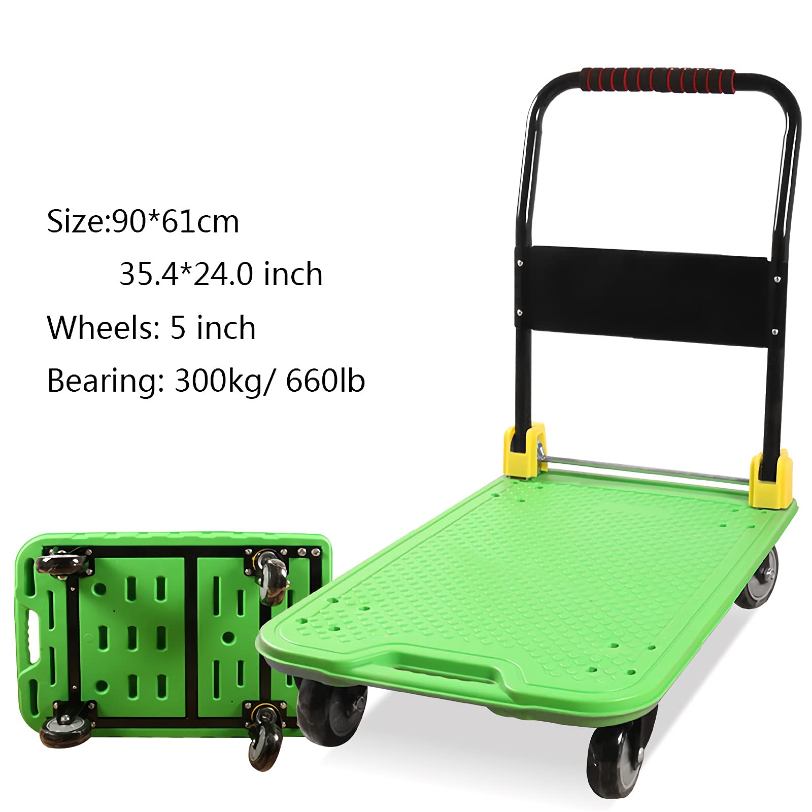 Wózek ręczny Platforma Ciężarówka Rolling Hand Push Cart z 4 kółkami Metalowy uchwyt Plastikowy Deck Wózek płaski o dużej pojemności do bagażu Przenoszenie Składany wózek, biało-czarny uchwyt z gąbką