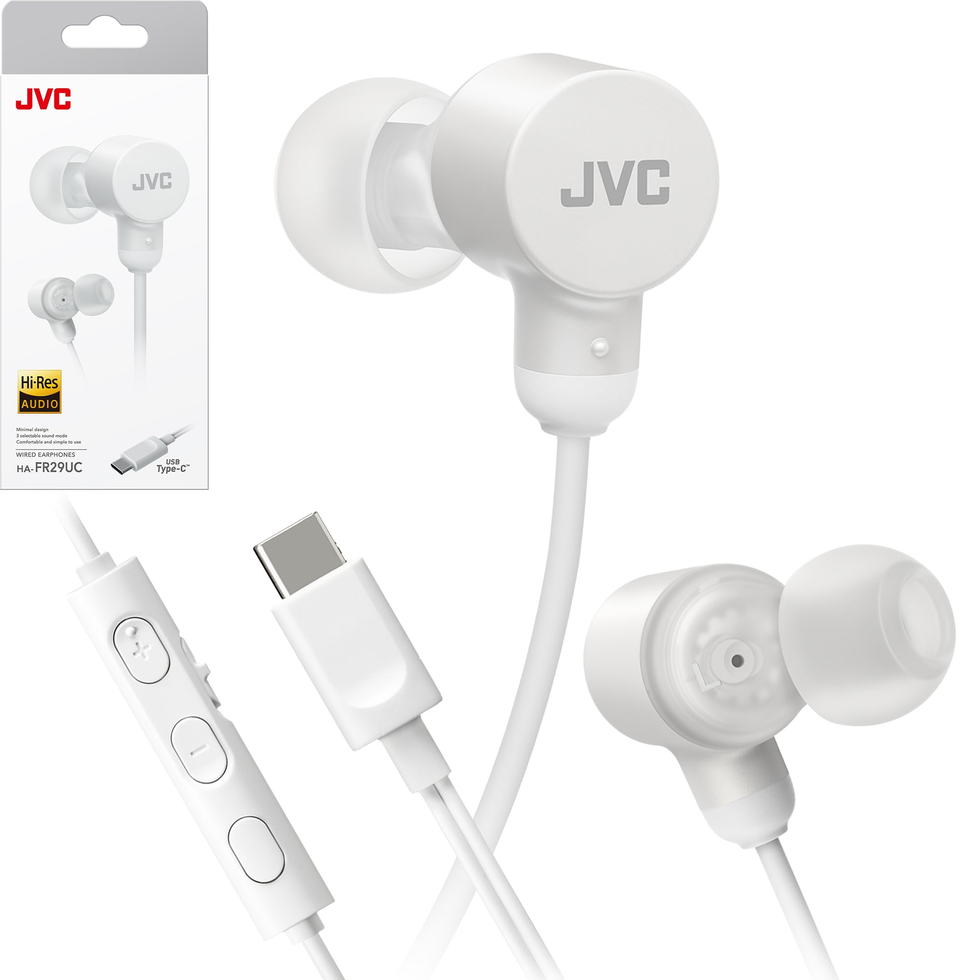 JVC Wired USB-C Earbuds - Noise Isolation - DAC - Hi-Res Audio - Built-in Mic with Mute - Comfortable Silicone Ear Tips - 3 Button Remote – Plug &