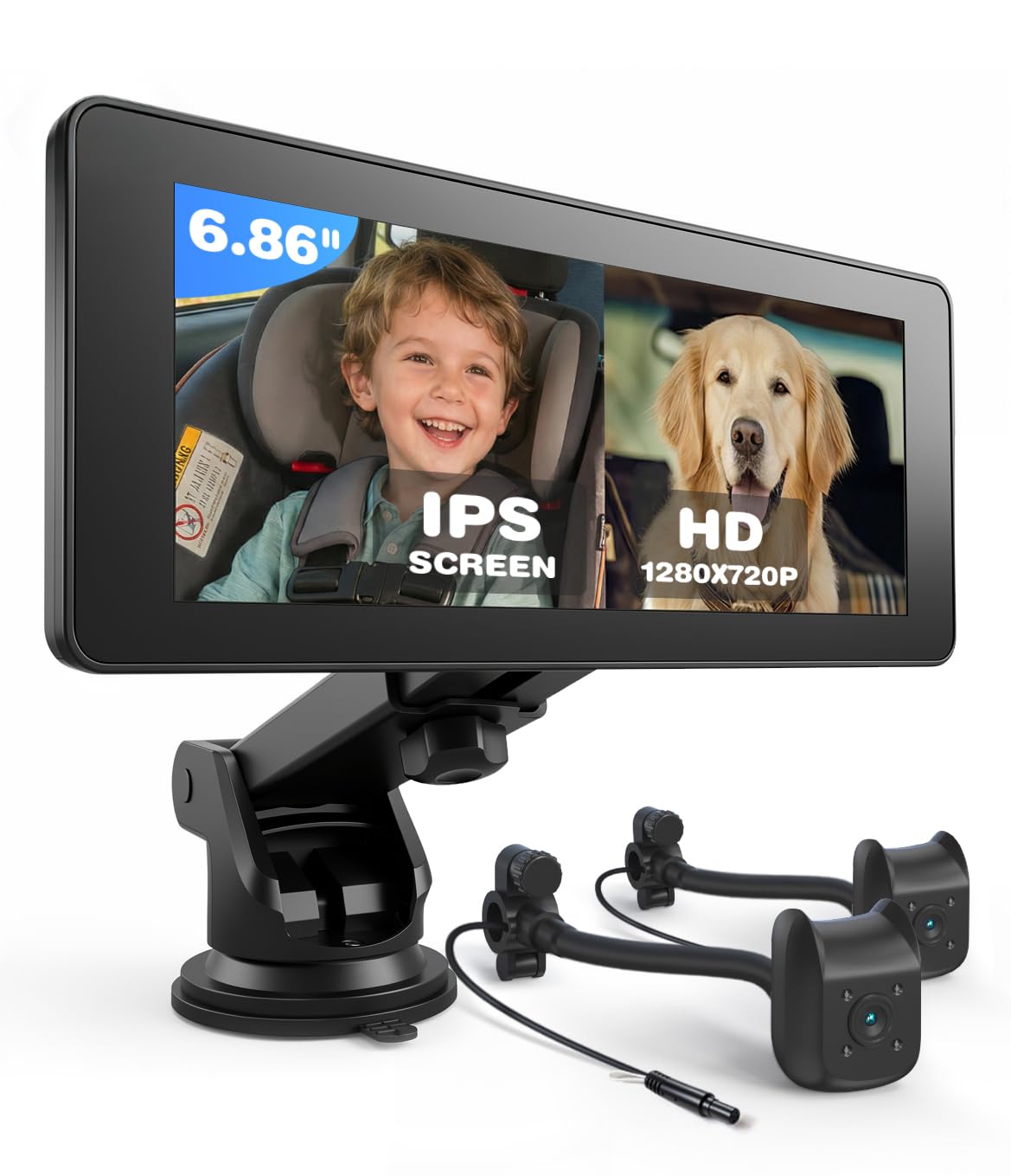 Photo 1 of Baby Car Camera for 2 Kids | 6.86" 1080P IPS Dual-Camera Split Screen Monitor - 360° Rotation IR Night Vision - USB Powered Headrest Mount Baby Car Cam