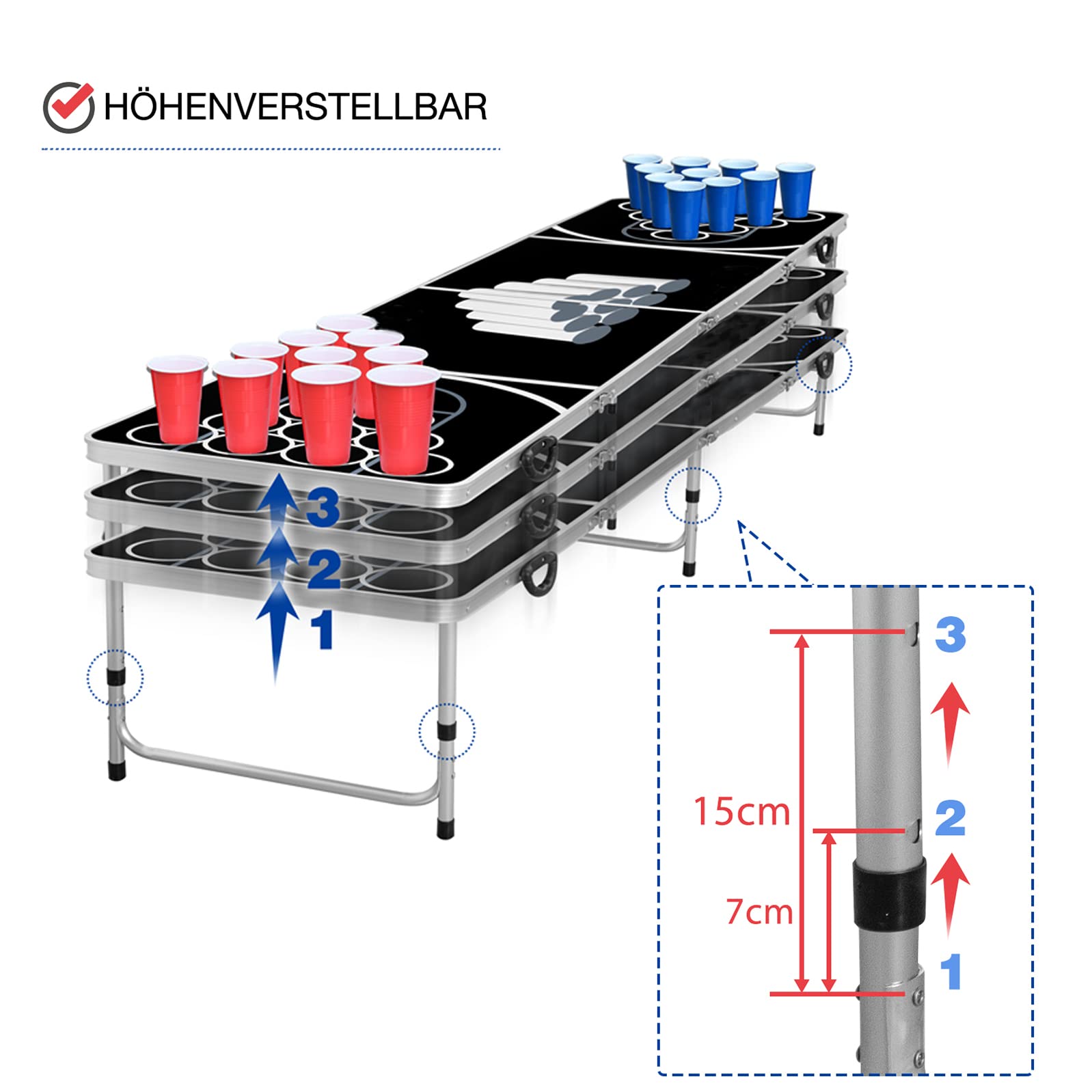 LZQ Stół Beer Pong Beer Pong z regulacją wysokości składane gry imprezowe gry picie wraz z 5 piłkami i 100 kubkami w kolorze czerwonym i niebieskim (po 50 szt.) odporny na zadrapania i wodę