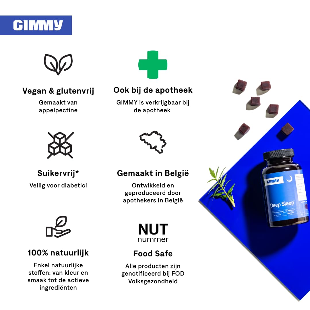 GIMMY Deep Sleep - compliment alimentaire aux gommes pour le sommeil - melatonine, L-théanine, valériane, vitamine B6 et camomille - sans sucres et vegetalien (60 pieces, 2 par jour avant le coucher)