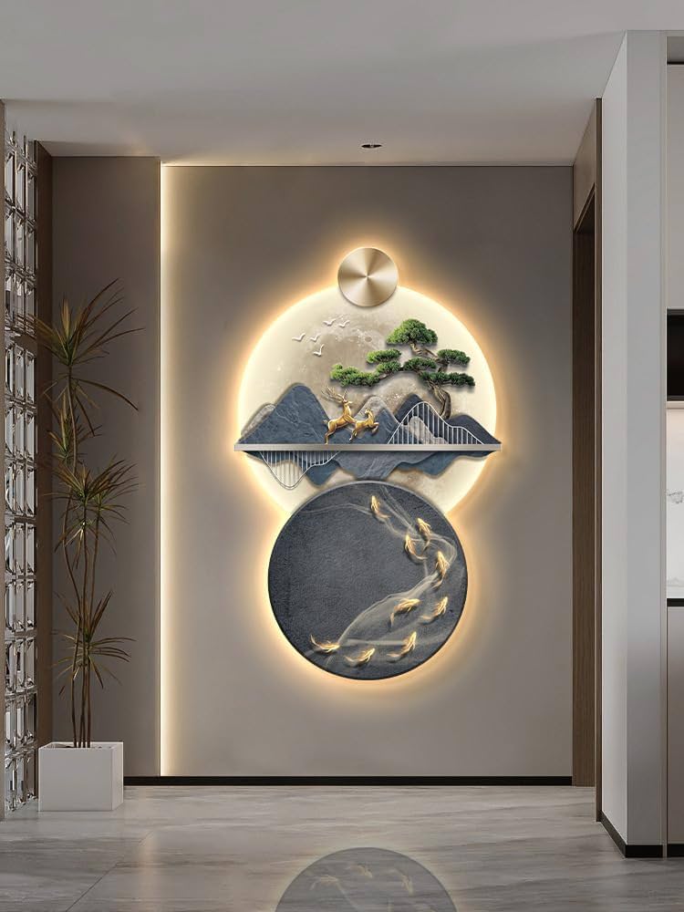 値下げ！【新品廊下玄関装飾画お買い得壁画 Amazon.com: Ecqizer 新中式玄关装饰画轻奢大气入户门发光灯画