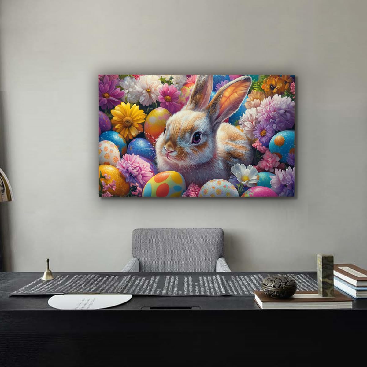 YUNART Zajączek wielkanocny sztuka ścienna vintage króliki jajka wielkanocne i kwiaty, plakat z nadrukiem, obraz wiejski, obraz zwierzęcy do salonu, 30 x 55 cm, rama wewnętrzna