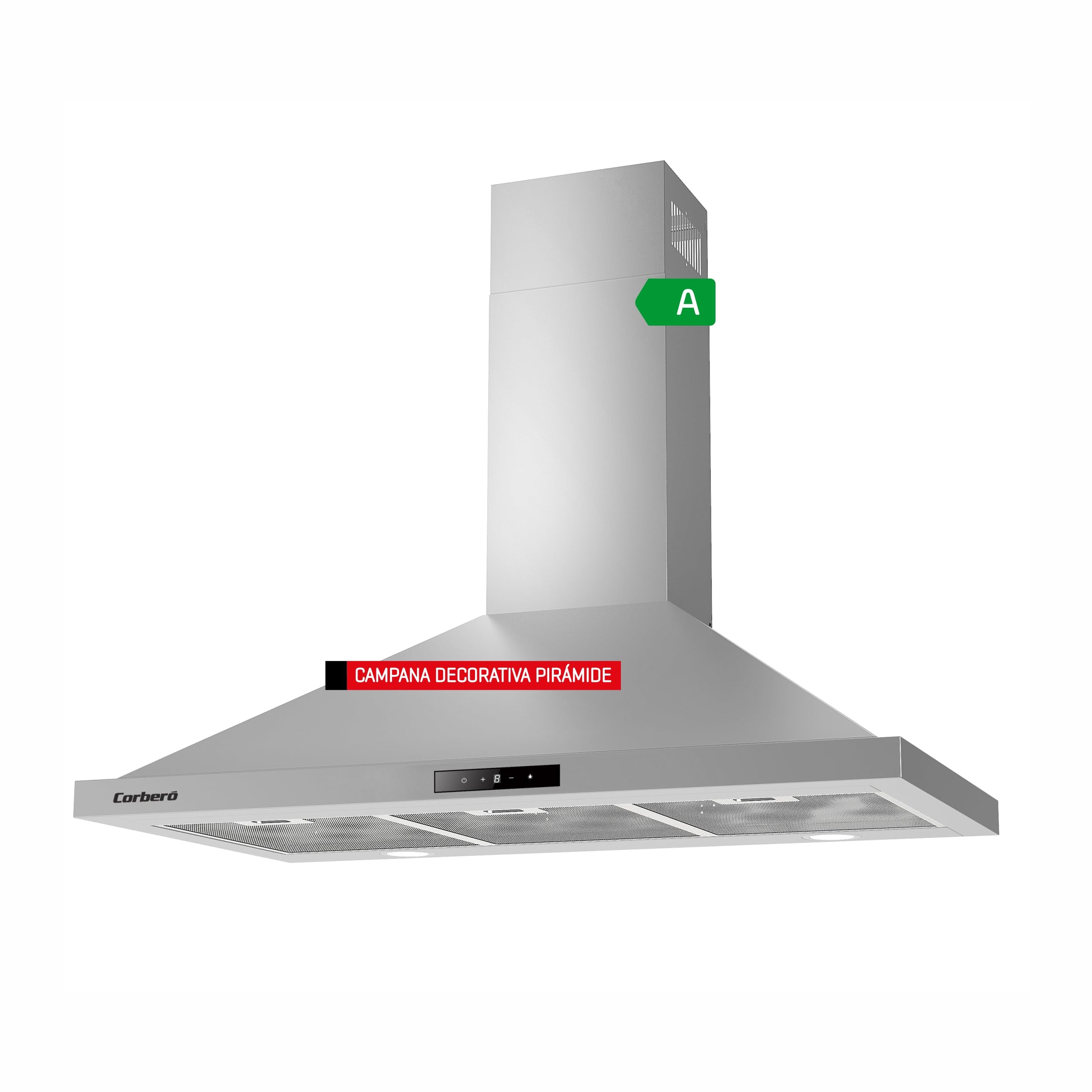 Corberó - Campana Decorativa Pirámide | NEMRUT675X | Inox | 60 cm, Caudal 750 m3/h, 165W, 3 Velocidades, Filtro Aluminio 3 Capas, Filtro Carbón, Eficiencia Energética A